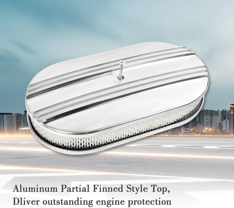 TBAPFS 15" Polished Aluminum Air Cleaner Assembly Kit Alloy Oval Partial Half Finned with Element - Image 4